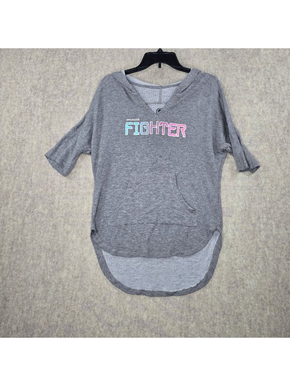 American Fighter Womens Heather Gray Hooded Graphic Tee Small Cotton Blend